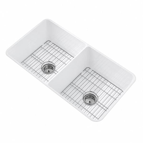 32 in. Dual Mount Double Bowl 50/50 Fireclay Drop-In Undermount Kitchen Sink with Accessories, Glossy White