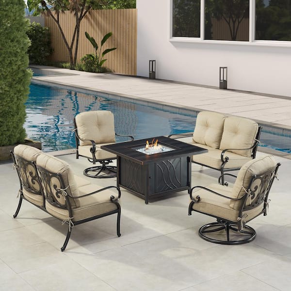 Oakland Living Black Aluminum Fire Table Set with 2-Loveseats and 2-Club Chairs
