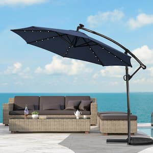 10 ft. Steel Cantilever Solar Crank Lift Patio Umbrella in Navy without Weight Base
