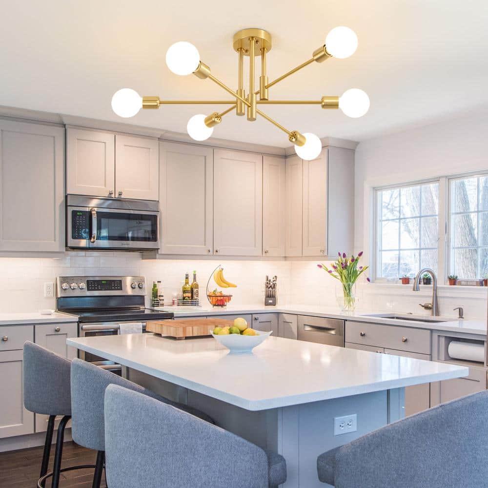 Gold 6-Light Sputnik Semi-Flush Mount Ceiling Fixture