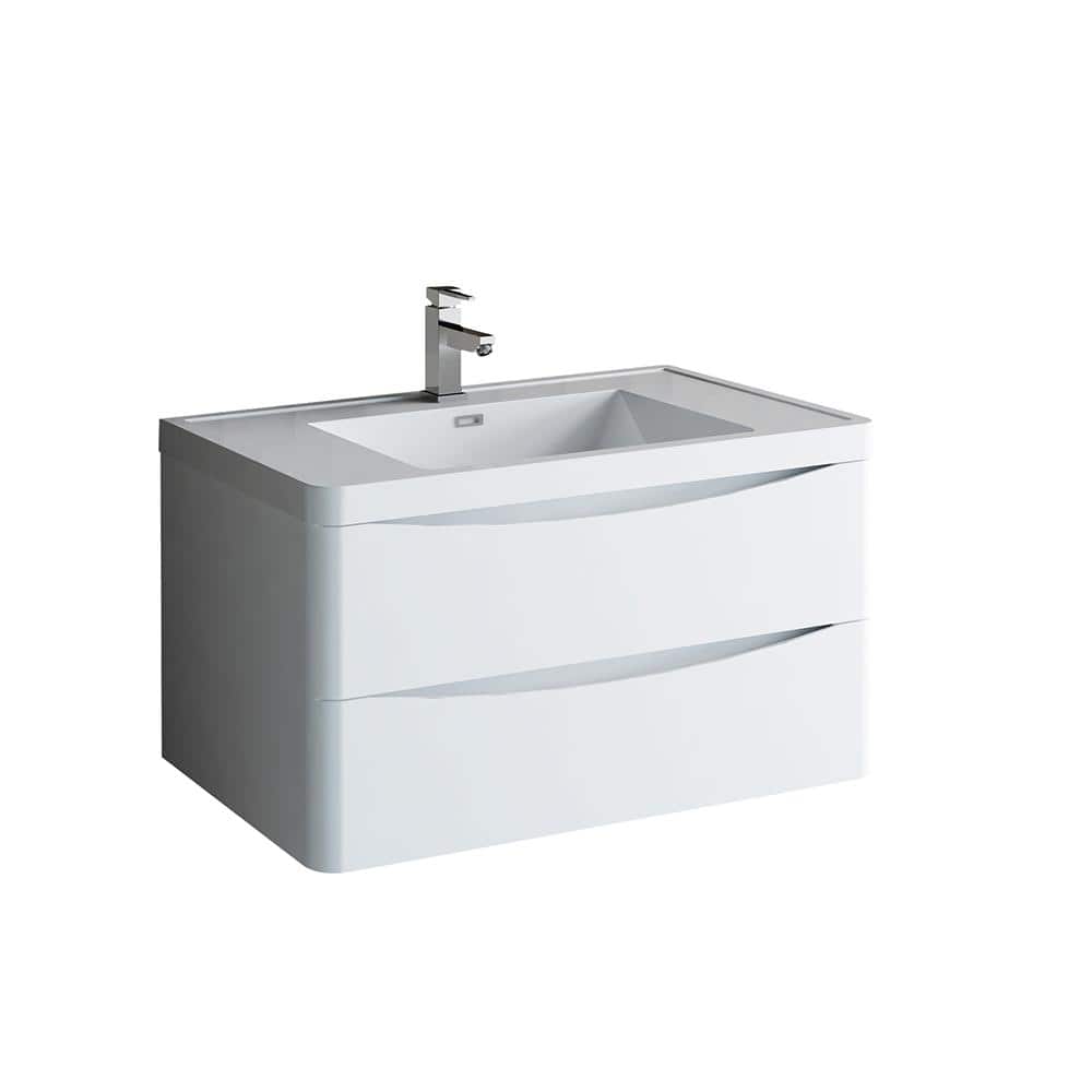 Glossy White 36" Wall Mount Bathroom Vanity with Integrated Sink