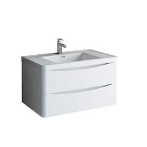Tuscany 36 in. Modern Wall Hung Vanity in Glossy White with Vanity Top in White with White Basin