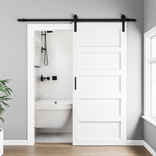 36 in. x 84 in. Paneled 5-Lites White MDF with PVC Finished Sliding Barn Door Slab with Hardware Kit and Soft Close