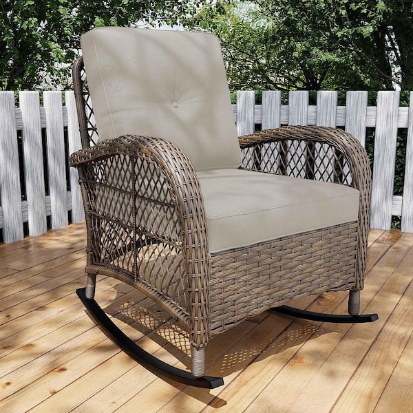 LATTOY Wicker Patio Outdoor Rocking Chair with Beige Cushions