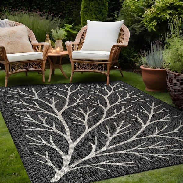 Flora Dark Gray 9 ft. x 12 ft. Coral Branch Washable Indoor Outdoor Area Rug
