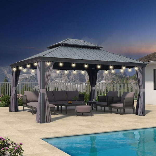13 ft. x 15 ft. Gray Aluminum Frame Patio Outdoor Hardtop Gazebo for Backyard, Hooks Netting Upgraded Curtain 24-Lights