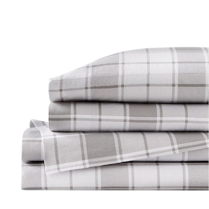 Cozy Cotton Flannel Gray Plaid 3-Piece Twin Sheet Set