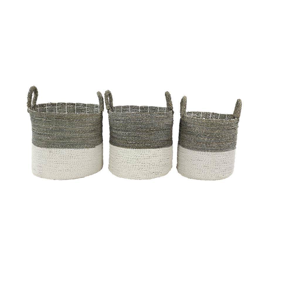 Coastal Charm White and Natural Seagrass Round Storage Baskets, Set of 3