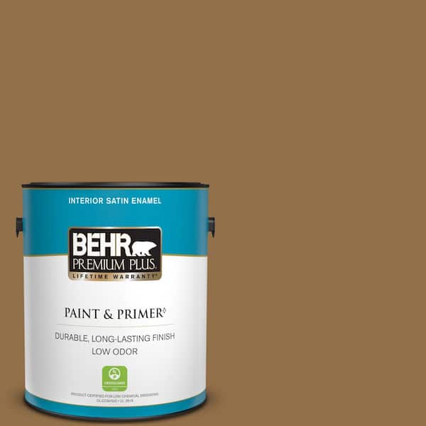 BEHR PREMIUM PLUS 1 gal. #N280-7 Brass Button Satin Enamel Low Odor Interior Paint & Primer