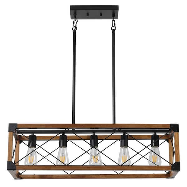 Gloweer 5-Light Retro Farmhouse Chandelier Pendant in Walnut, Metal Rustic Island Light Fixture