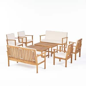 Luciano Brown Patina 8-Piece Wood Patio Conversation Seating Set with Cream Cushions
