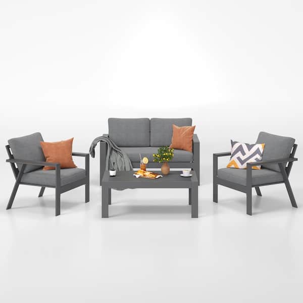 SUNVIVI Gray 4-Piece Aluminum Frame Patio Conversation Set with Gray Thickened Cushions