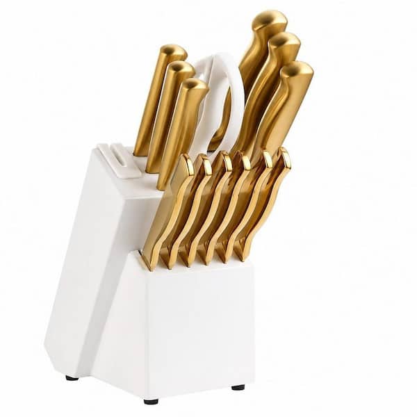 15-Piece Gold German Stainless Steel Forged Kitchen Knife Set with Knife Block Built-in Sharpener for Kitchen Cooking
