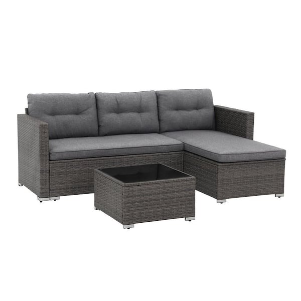 Freestyle 3-Piece Wicker Grey Outdoor Patio Small Conversation Set with Light Grey Cushions