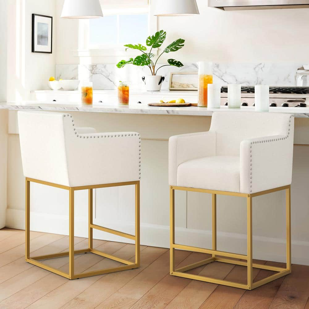 Hampton 26 in. Beige Modern Linen Upholstered Bar Stool Square Gold Metal Frame Counter Height Bar Stool (Set of 2) -  LUE BONA