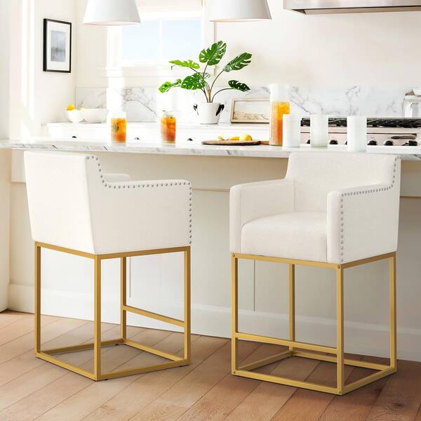 LUE BONA Hampton 26 in. Beige Modern Linen Upholstered Bar Stool Square Gold Metal Frame Counter Height Bar Stool (Set of 2)