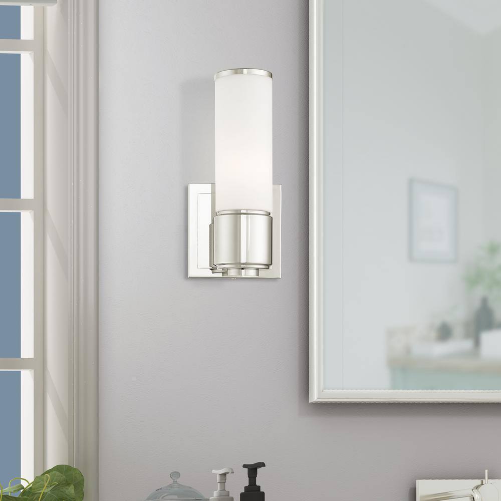 Polished Nickel Vanity Light with Satin Opal Glass