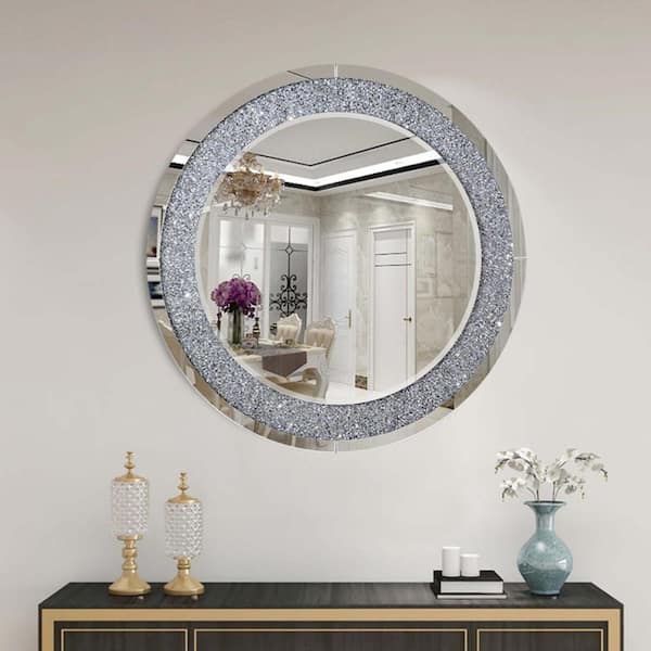 Unbranded 31.5 in. W x 31.5 in. H Modern Crystal Crushed Diamond Sparkly Round Silver Wall Mirror for Living Room, Bedroom, Vanity