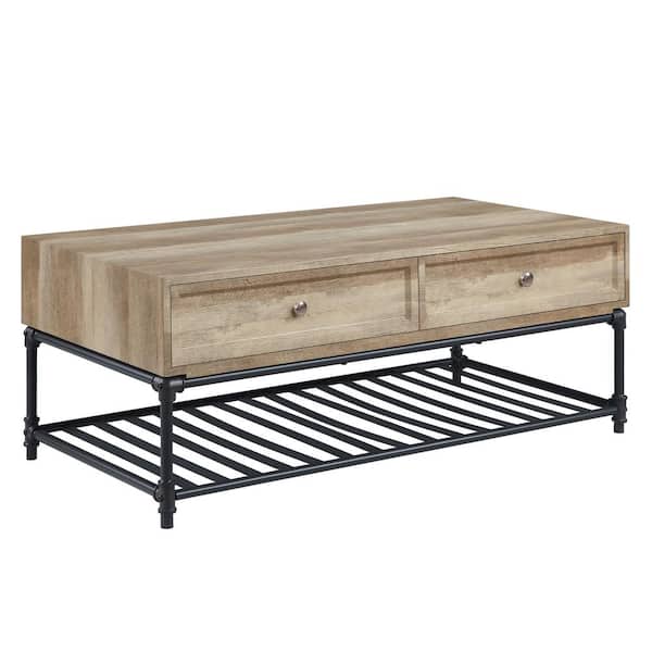 HomeRoots 47 in. Distressed White Rectangle Wood Coffee Table with Shelves; Storage