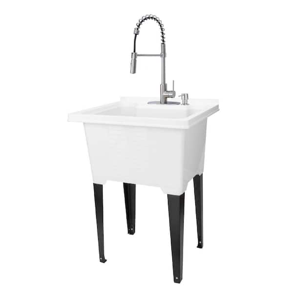 TEHILA 25 in. x 21.5 in. ABS Plastic Freestanding Utility Sink in White - Stainless Hi-Arc Coil Faucet, Soap Dispenser