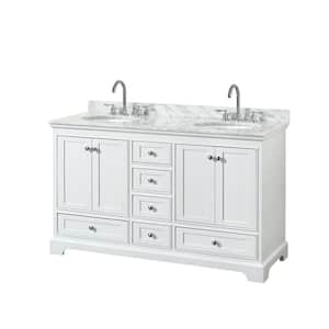 Deborah 60 in. Double Bathroom Vanity in White with Marble Vanity Top in White Carrara with White Basins