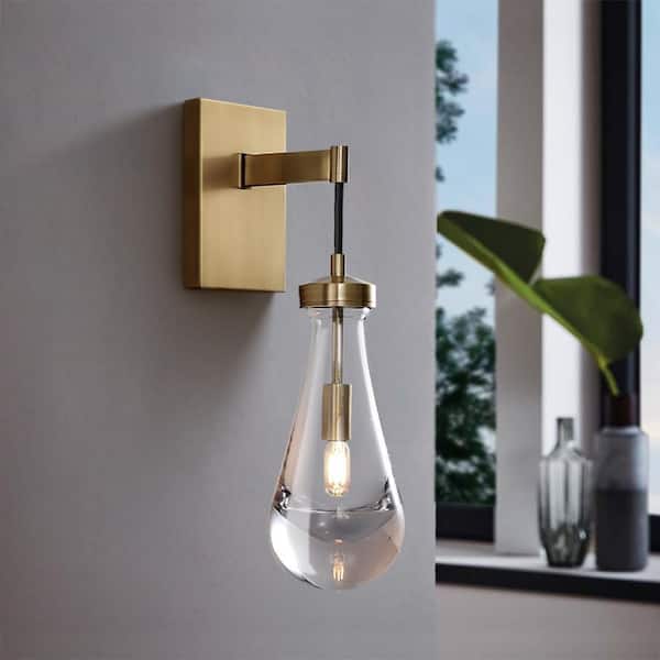 17.7 in. 1-Light Copper Wall Sconce, Raindrop Wall Lighting with Hand Blown Solid Glass and Brass Base (2-Sets)