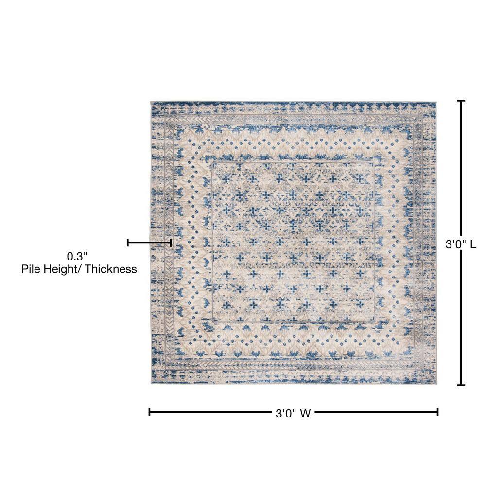 Light Grey and Blue Square Synthetic Geometric Area Rug