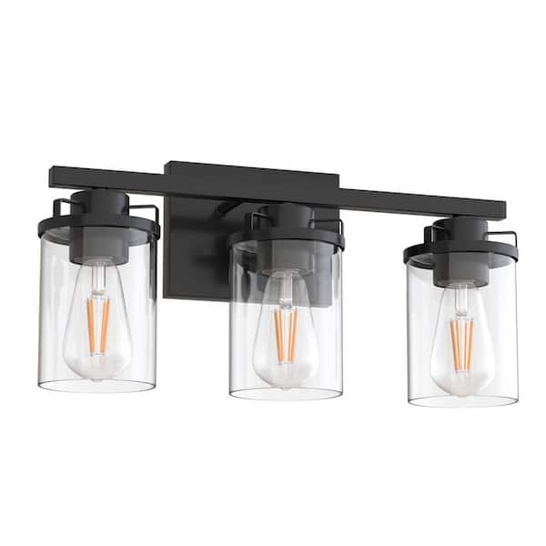YANSUN 18 in. 3-Light Black Vanity Light, Modern Bathroom Fixture with Clear Glass Shades