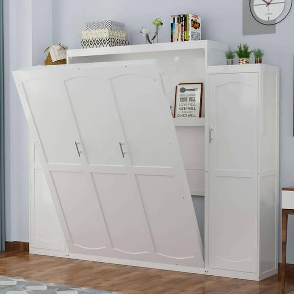 White Wood Frame Full Size Murphy Bed with 2-Wardrobe and Storage Shelf