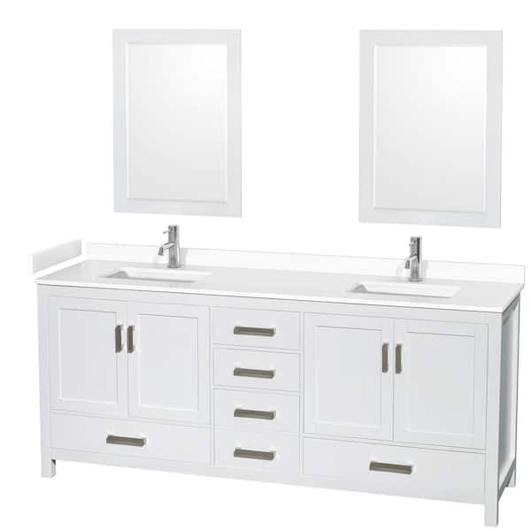 Wyndham Collection Sheffield 80 in. W x 22 in. D x 35 in. H Double Bath Vanity in White with White Cultured Marble Top and 24" Mirrors