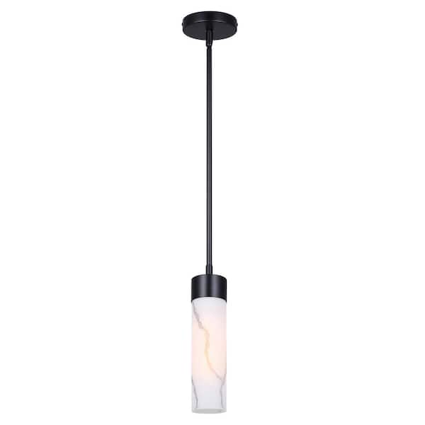 CANARM Kristella 60-Watt 1-Light Black Modern Pendant with Grey Marbled Glass Shade