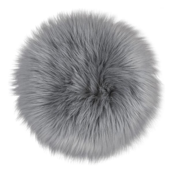 Sheepskin Faux Furry Grey 4 ft. x 4 ft. Cozy Round Rugs Area Rug