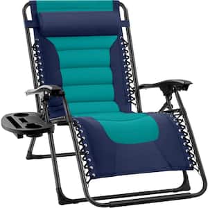 Oversized Padded Zero Gravity Navy/Teal Metal Reclining Outdoor Lawn Chair with Side Tray
