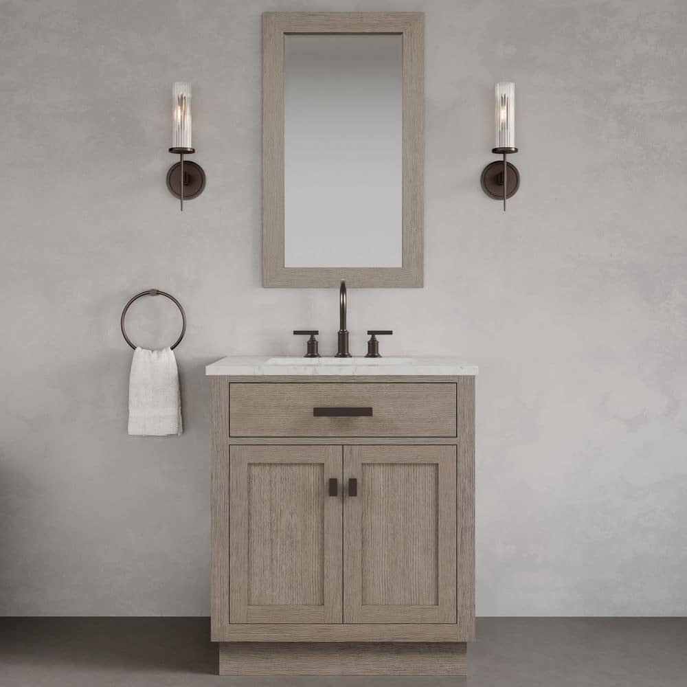 Chestnut 30 in. W x 21.5 in. D x 34.2 in. H Single Sink Bath Vanity in Grey Oak with Carrara White Marble Top and Mirror price history on PriceWatchPro
