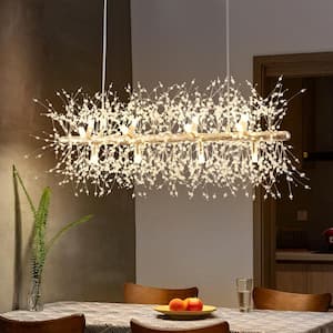 12-Light Gold French Long Bar Dandelion-Shaped Crystal Bead Chandelier for Kitchen Island with No Bulbs Included