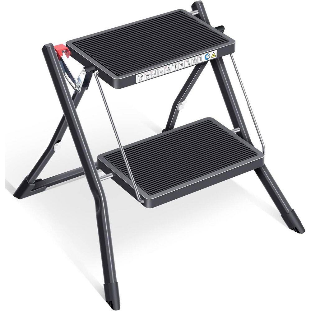1.5 ft. Reach Folding Step Ladder 2-Step Black Light Steel with Non-Slip Rubber Mat Up to 330 lbs. for Home and Office price history on PriceWatchPro