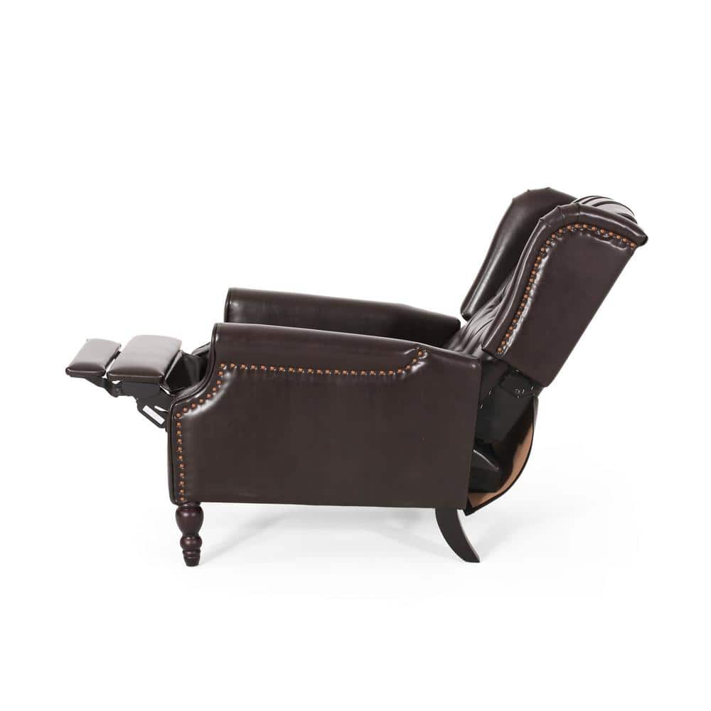 Brown Tufted Leather Wingback Recliner with Wood Legs