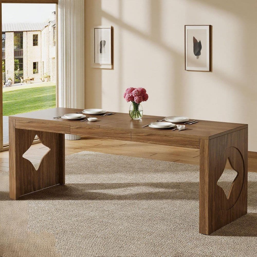 Roesler Brown MDF Dining Table with Double Pedestal, 79 In. Extra Long Table Seats 8 with 4-Pointed Star Hollow Design price history on PriceWatchPro