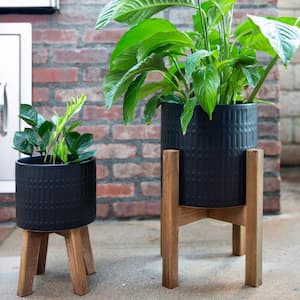 10 in. and 8 in. Matte Black Ceramic Roman Planter on Wood Stand Mid-Century Planter (Set of 2)