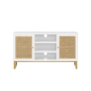 47 in. W x 15.5 in. D x 26.25 in. H White Linen Cabinet with Adjustable Shelf, Rattan Doors, and Metal Legs