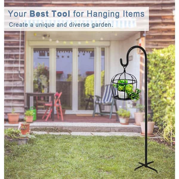 Height 60 in Black Alloy Steel Outdoor Shepherd Hook with 5 Prong Base, Stake for Bird Feeder Solar Light Plant (2-Pack)