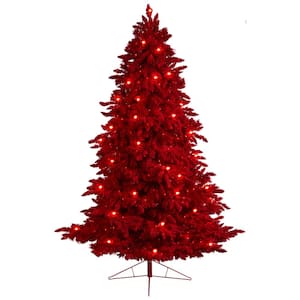 8 ft. Red Flocked Fraser Fir Artificial Christmas Tree with 745-Lights and 1468 Bendable Branches