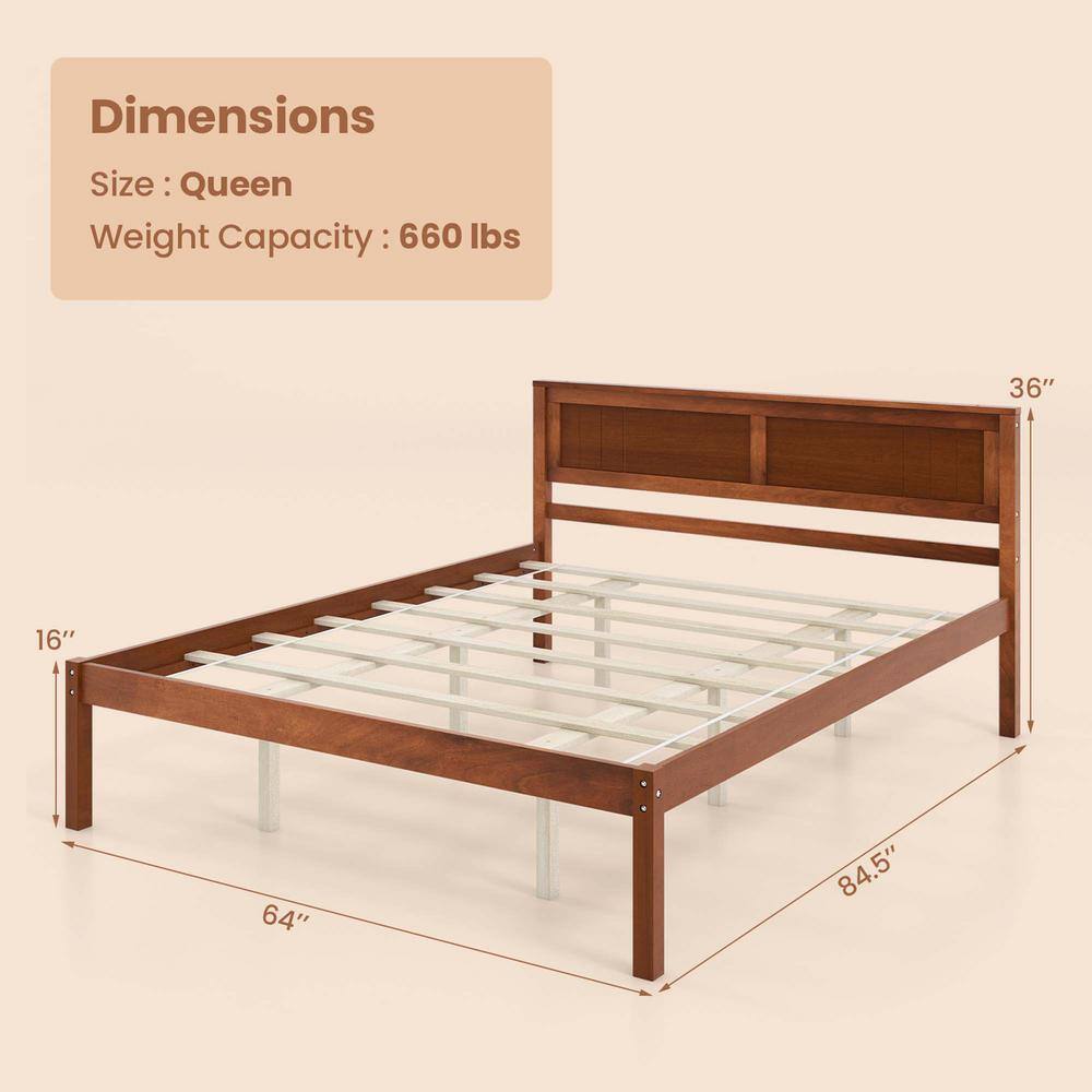 Brown Walnut Wood Frame Queen Size Platform Bed Frame with Headboard Mattress Foundation - thumbnail 5
