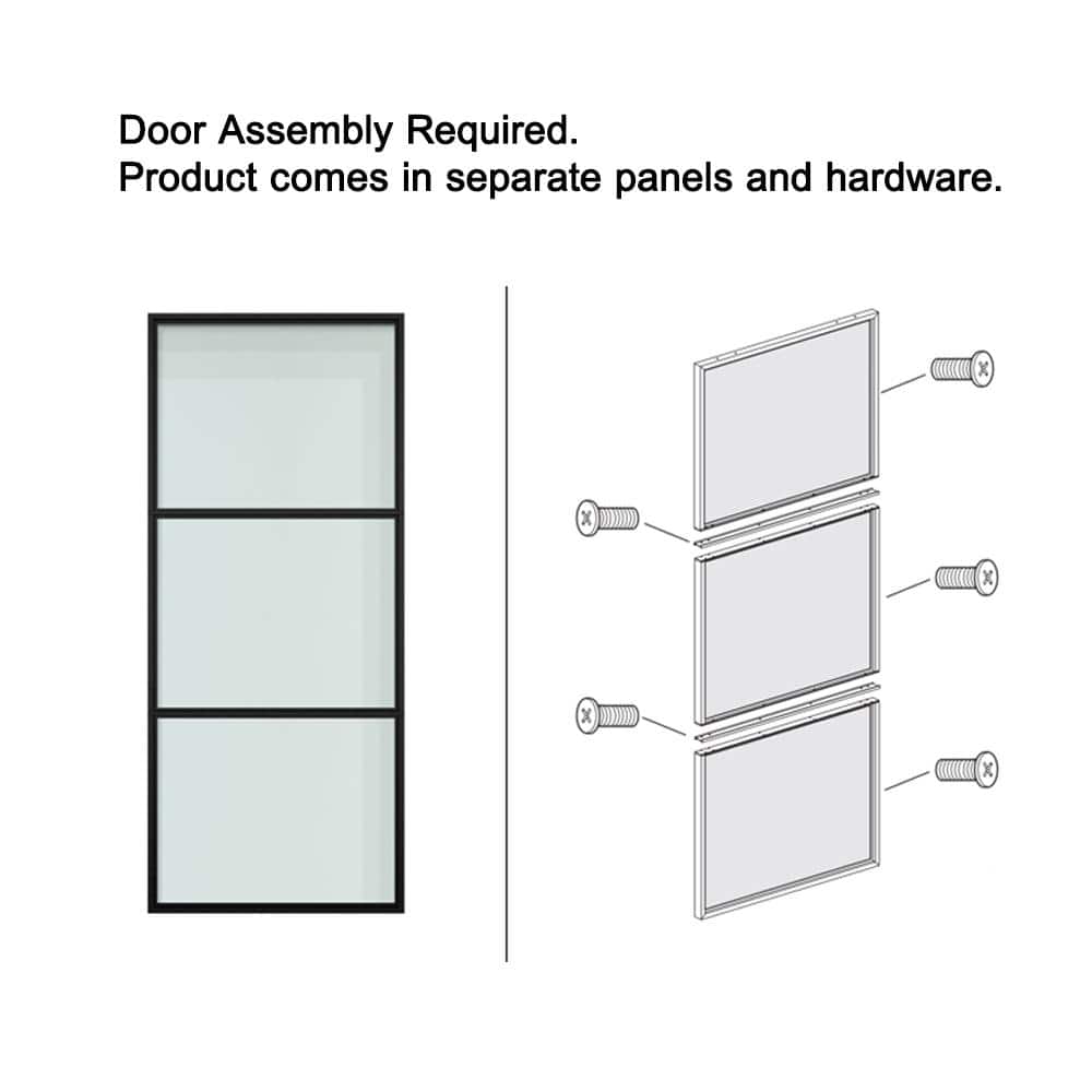 CALHOME 36"x84" Frosted Glass Black Steel Frame Sliding Door