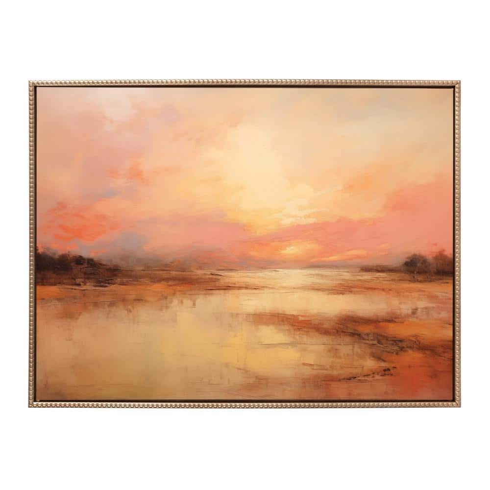 Golden Sunset Peach Landscape Canvas Print with Beaded Gold Frame