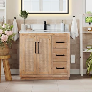 Floral 36 in. W x 22 in. D x 33 in. H Single Sink Freestanding Bath Vanity in Brown with Calacatta White Quartz Top