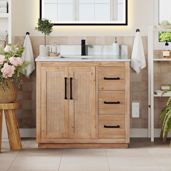 Altair Floral 36 in. W x 22 in. D x 33 in. H Single Sink Freestanding Bath Vanity in Brown with Calacatta White Quartz Top