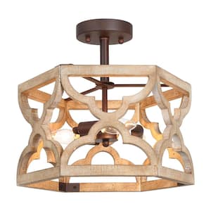 The 14 in. 3-Light Rustic Hexagon Semi- Flush Mount Ceiling Light Ideal for Kitchen, Foyer, Dinning and Living Room
