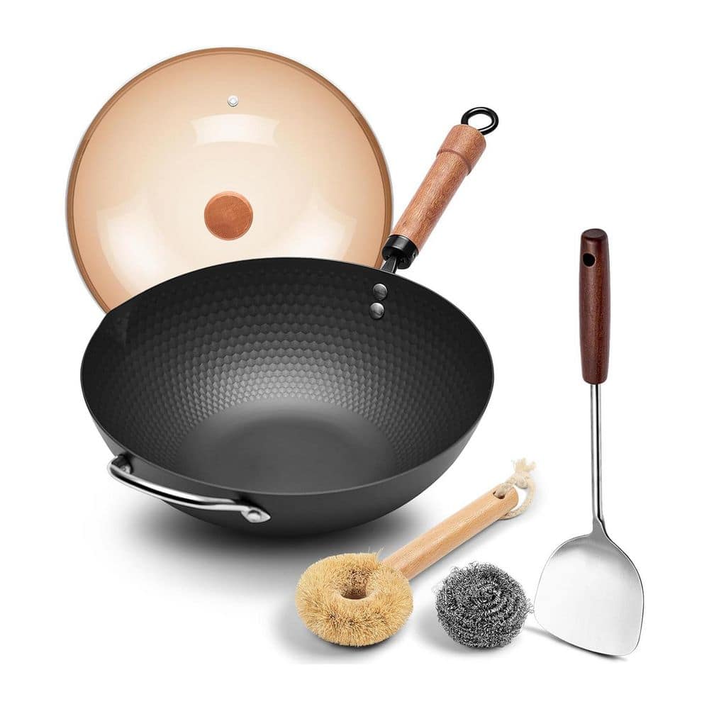 panland スティールパン 黒 木製スタンド付き Anqtovp 12.6 in. Carbon Steel Wok with Lid, Flat Bottom, Nonstick