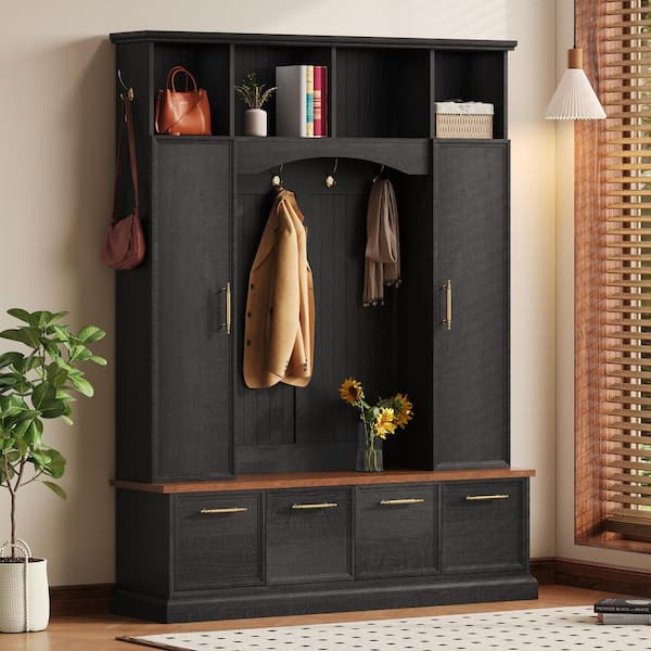Shaun Multi-Functional Black Entryway Hall Tree with Walnut Bench, Storage Cabinets, Shoe Rack, Hooks,Adjustable Shelves